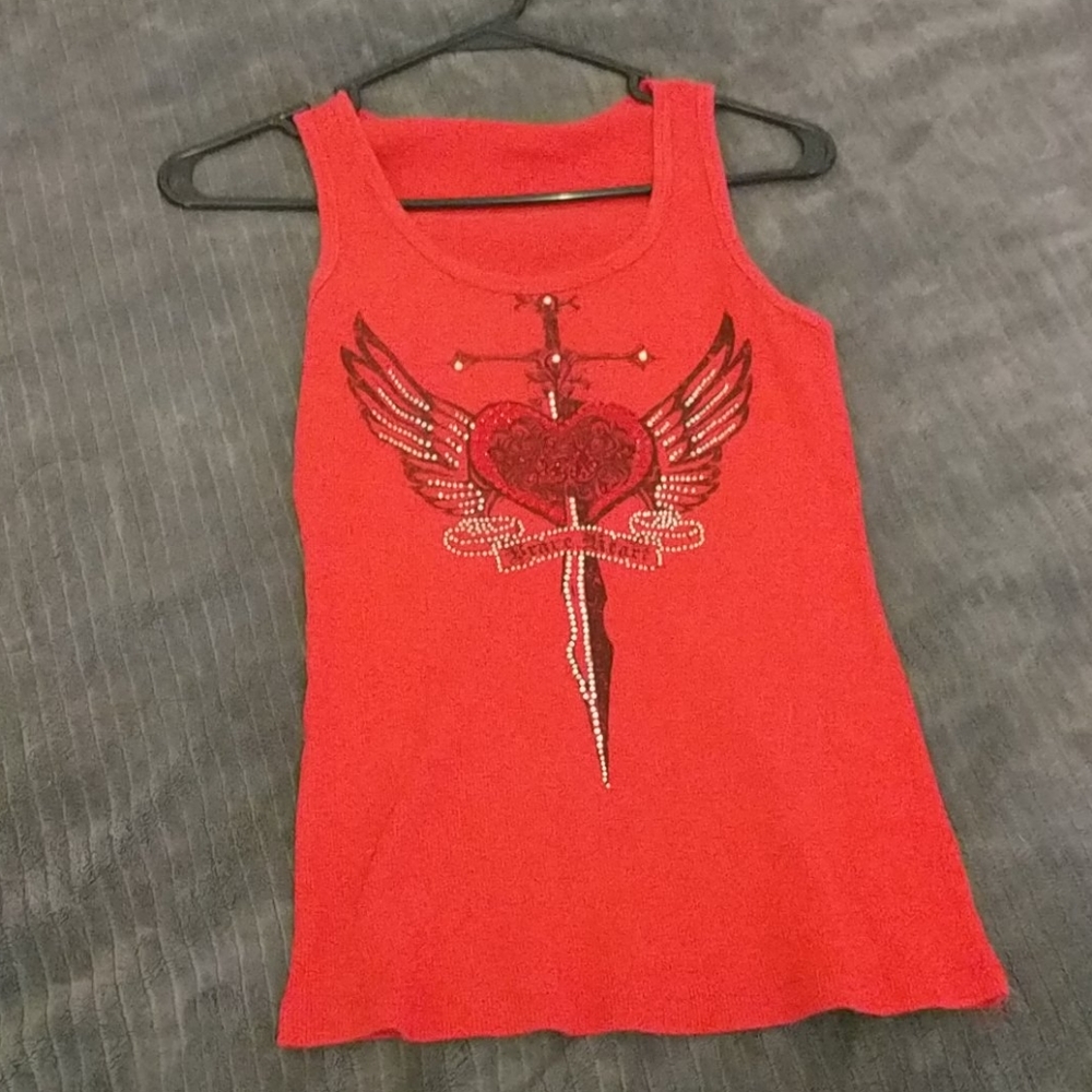 Red tank top with heart rhinestoned
